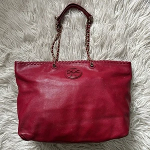 Tory Burch Marion Whipstitch rot Logo geflochtener Griff Kiesel Leder Beuteltasche Tasche Einheitsgröße - Bild 1 von 12