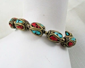 BRASS with TURQOISE & RED JASPER Beaded Link BRACELET 7-1/4" Long Lobster Catch - Picture 1 of 4