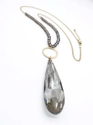 EXQUISITO Collar de Cadena Colgante Cristal Lágrima Topacio Gris Ahumado Alargado 32" Foto 1 de 4
