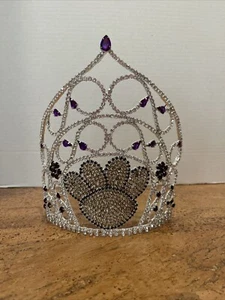 Large Pageant rhinestone clear & Purple Paw Print crown adjustable tiara - Picture 1 of 16