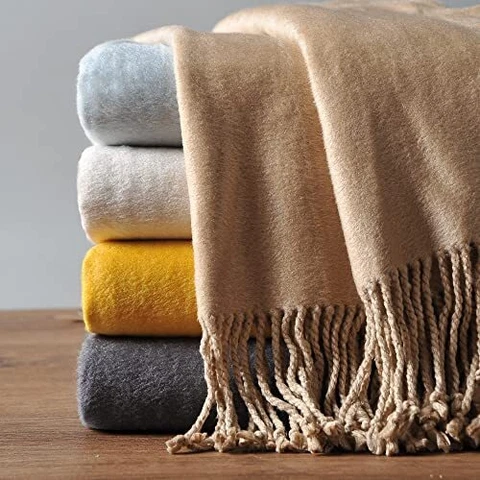 Fringed Mulberry Silk Throw Blanket for Sofa () Rugby Tan Cover