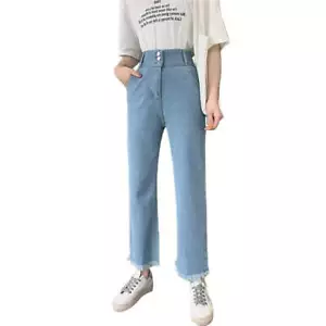 Womens High Waisted Jeans Wide Leg Denim Pants Straight Leg Trousers Nine Length - Picture 1 of 17