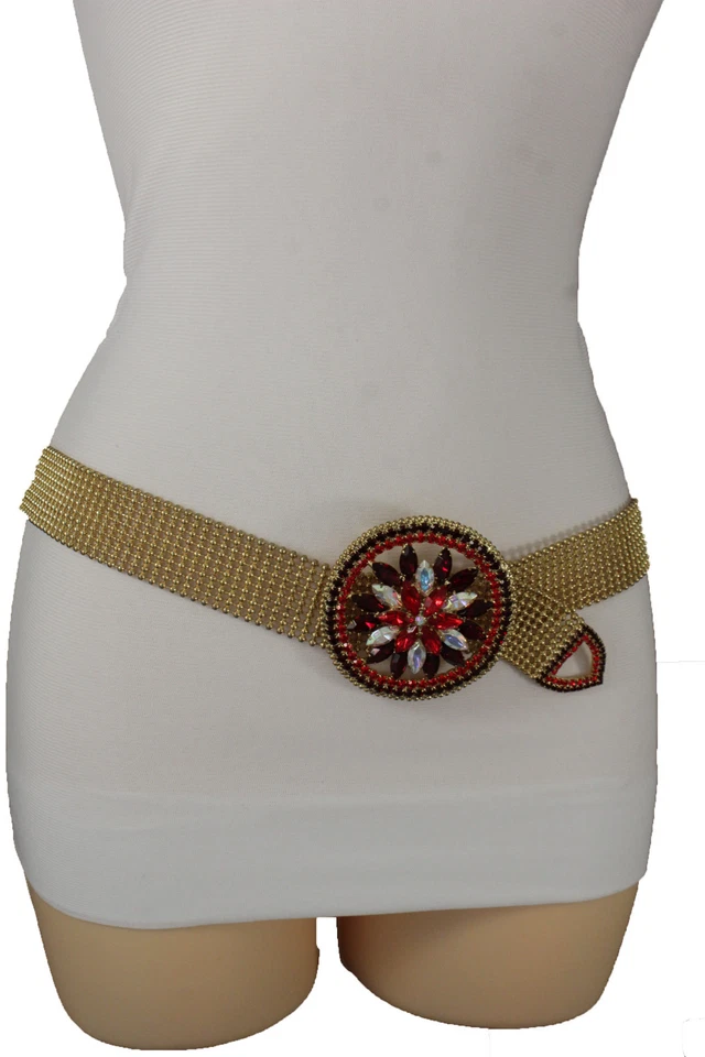 Mujeres Malla Dorada Metal Cadera Wiast Moda Elegante Cinturón Redondo Rojo Flor Hebilla S M Foto 1 de 4