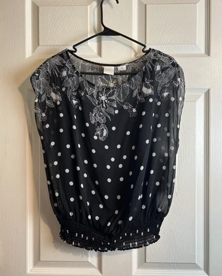 Emma James Women's Sz M Black White Sheer Polka Dots Floral Blouse W/Cami - Image 1 of 4