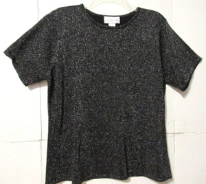 Womens Glittery Metallic Short Sleeve Sweater L Blackwith Silver By Susan Graver - Picture 1 of 5