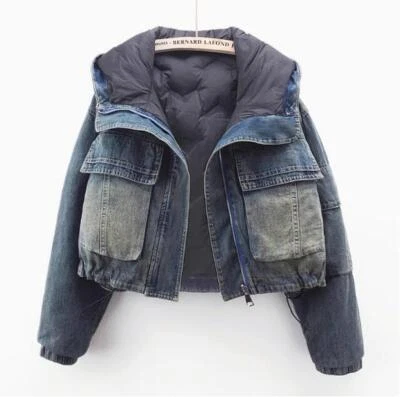 Jaqueta jeans feminina forro moda nova curta reversível casaco inverno - Imagem 1 de 4