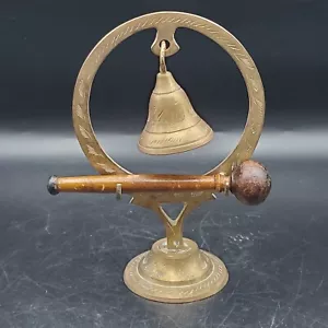 VINTAGE ANTIQUE SMALL BRASS BELL WITH BRASS STAND AND WOODEN MALLET - Picture 1 of 9