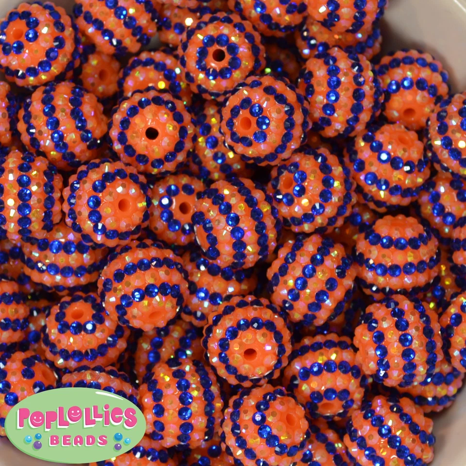 20mm Royal Blue and Orange Stripe Rhinestone Bubblegum Beads 20 pc school spirit - Image 1 of 1
