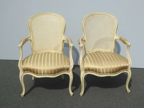 Pair of Vintage French Provincial Country Cane Back Arm Chairs Cover