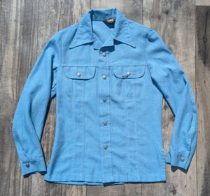 VTG 70s Mens Lee Trucker Shirt Jacket Blue Cotton Blend Sm USA West Cal .45 - Picture 1 of 7