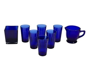 French Blue Cobalt Water Tumblers 10oz 6 Pcs W/ 1 Small Vase and 1 Small Pitcher - Picture 1 of 11