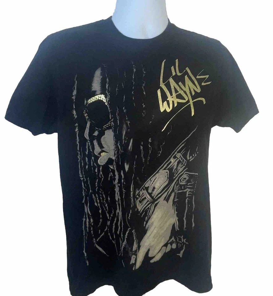 Camisa Lil Wayne Hombre Mediana Negra Cuello Redondo Dorado Frontal Gráfico Manga Corta Foto 1 de 4