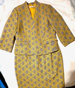 KASPER SKIRT SUIT Yellow Black Design Sz 12 Hook Eye Closure - Picture 1 of 19