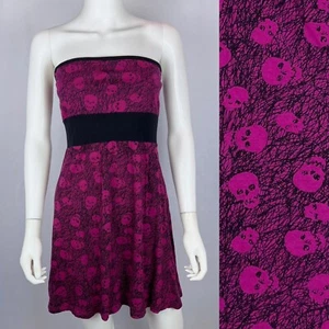 Thread Medium Pink Black Skull Print Strapless Skater Mini Fit & Flare Dress - Picture 1 of 6