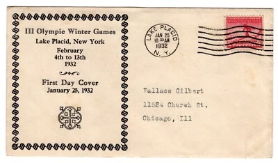 #716 Lake Placid Olympics First Day Cover 1932 -  Planty #56   1st Beverly Hills - Image 1 of 2