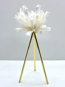 White Selenite Raw Edge Candle Holder Indoor Decor Gold Tone Metal Tripod Stand - Picture 1 of 8