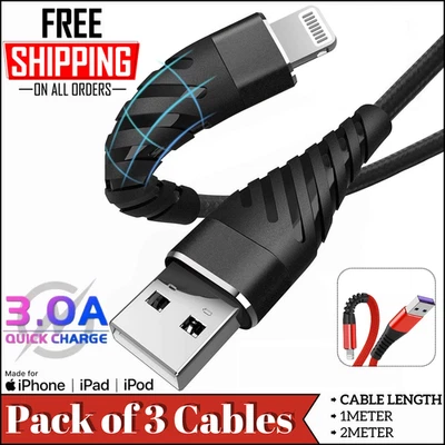 Heavy Duty Braided Long USB Fast Charger Cable Lead For iPhone 14 13 12 11 X 7 8 - Image 1 of 4