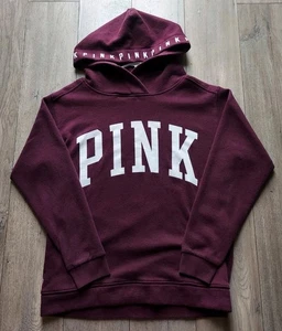 Pink Victorias Secret Women Sweatshirt XS Maroon Hoodie Logo Long Sleeve Pockets - Picture 1 of 21
