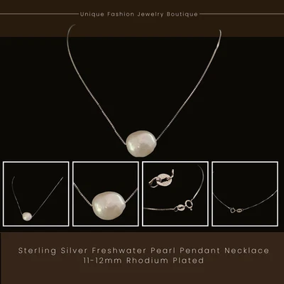 14k Rhodium Plated Sterling Silver 12mm Freshwater Pearl Pendant Necklace Gift - Image 1 of 4