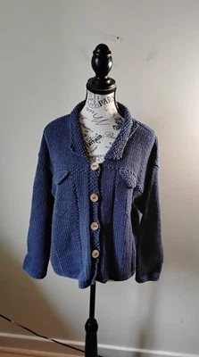  PURE Handknit Navy Cotton Wood Button CARDIGAN SIZE L/XL  SUPER RARE FIND! - Image 1 of 4