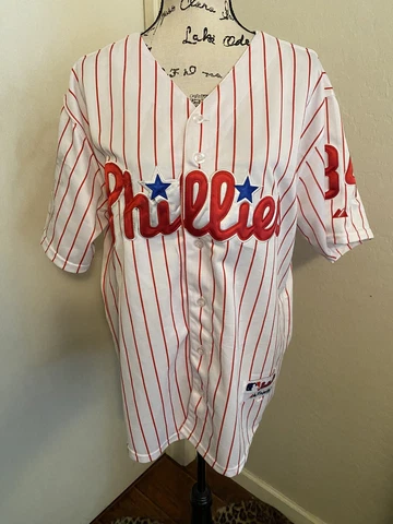 Men’s Majestic Philadelphia Phillies Roy Halladay #34 Pinstripe Jersey Size 48 Cover