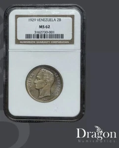 Venezuela 1929 Silver Coin 2 Bolivares Philadelphia Simon Bolivar Mint NGC MS62 - Picture 1 of 4