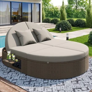 Rattan Gartenliege Doppelliege 2 Personen Sonneninsel Sonnenliege mit Klapptisch - Bild 1 von 14