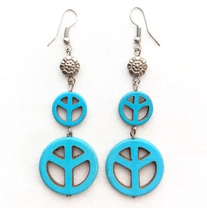Peace Sign Dangle Earrings Blue Turquenite Boho Indie Symbolic Jewelry 3” - Picture 1 of 3