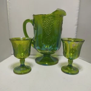 Vintage Indiana, Harvest Green Carnival Glass Lot Of 4, Pitcher & 3 Wine Glasses - Picture 1 of 5