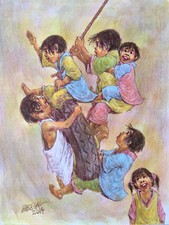CHILDREN ON SWING - Philippine Art Acrylic Painting by Jesus Belega Tolentino