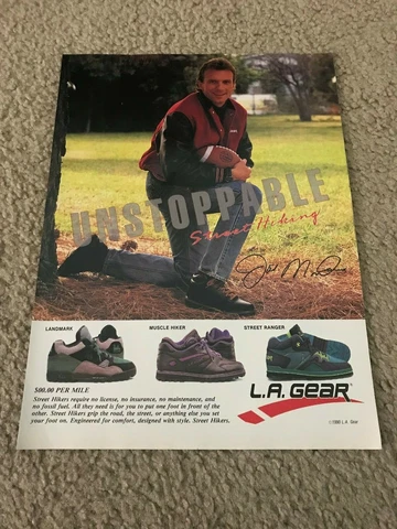 1990 JOE MONTANA L.A. GEAR Poster Print Ad LANDMARK MUSCLE HIKER STREET RANGER Cover