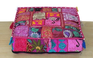 18" Indian Pink Patchwork Large Floor Ottoman Cushion Decorative Pillow Cover - Picture 1 of 2