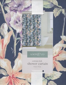 Loom & Co Navy Blue Fabric Shower Curtain 72" x 72" Lillies Farmhouse Cottage - Picture 1 of 7