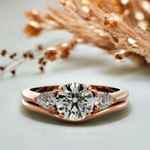 18k Rose Gold 1.30 Ct IGI GIA Lab Grown Round Cut Diamond Engagement Ring Set - Picture 1 of 6