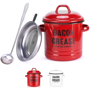 46oz Large Bacon Grease Container w/ Strainer Enamel Rustic Fat Container Saver - Picture 1 of 11
