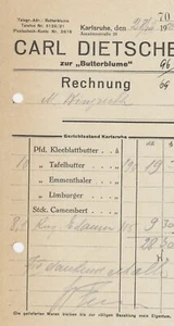 Factura Karlsruhe Dietsche Carl mantequilla de mesa Edamer Winzrieth Rotenfels 1929 - Imagen 1 de 2