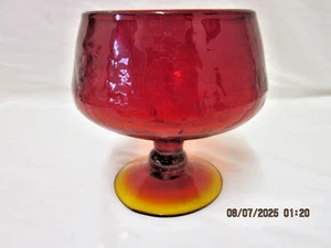 VINTAGE BLENKO #629 CRACKLE GLASS TANGERINE AMBERINAFOOTED COMPOTE CA. 1960's - Picture 1 of 9