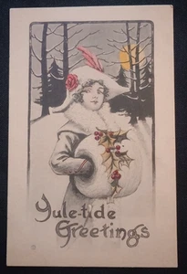 Antique Yuletide Greetings Hand Tinted Postcard Unposted Divided Back - Picture 1 of 2