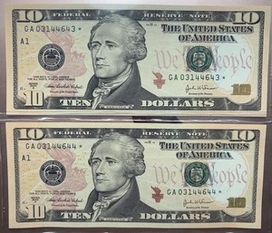 2004 $10 US Currency Star Notes, Gem Quality, Low Serial, Two Consecutive Notes - Picture 1 of 7
