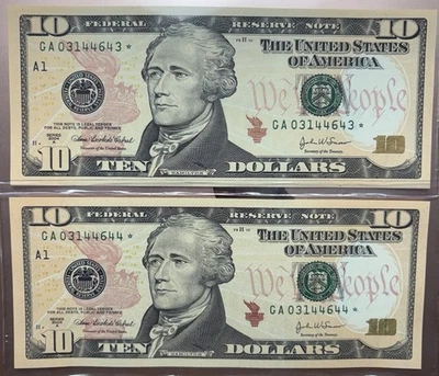 2004 $10 US Currency Star Notes, Gem Quality, Low Serial, Two Consecutive Notes - Image 1 of 4