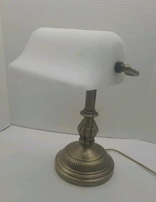 White Matted Glass Bankers Desk Lamp Pull Chain Switch Brass Finish 14" - Image 1 of 4