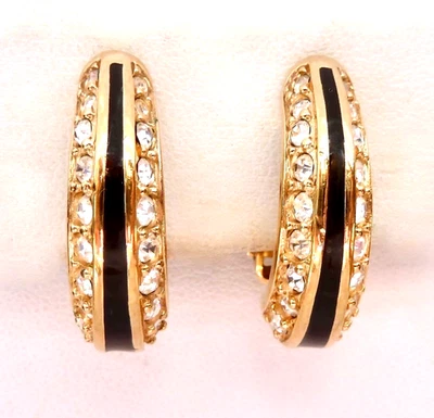 Elegant Swarovski Crystal & Black Enamel Clip Earrings Swan Signed - Image 1 of 4