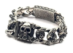 PULSERA de Motociclista C'est Magnifique Vintage Plateada Pesada Doble Calavera - Imagen 1 de 9