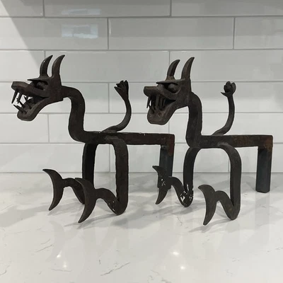 Pair of Vtg Wrought Iron Dragon Sculptural Andirons OOAK ?? - Image 1 of 4