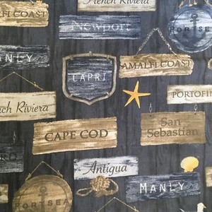 FURNISHING FABRIC Blue Place Names 1.46 m wide X 2.75 long Cotton Beach Nautical - Picture 1 of 9