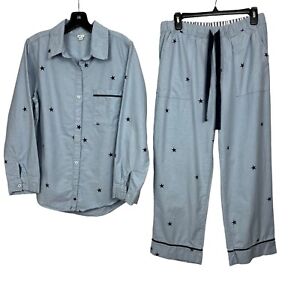 Aerie Women’s 2-Pc Pajamas Medium Blue W/Dark Blue Stars Button Front Flaw/Stain