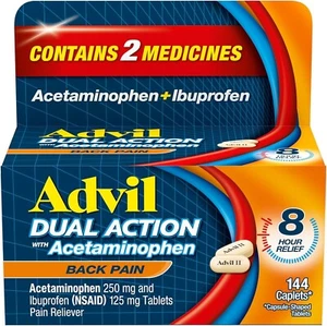 Advil Dual Action Back Pain Caplets Delivers 250mg Ibuprofen and 500mg 144 Count - Picture 1 of 14