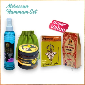 Moroccan Argan Oil Beldi Soap Kessa Glove Henna Powder Rose water Hammam Spa Set - Picture 1 of 14