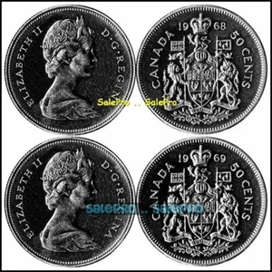 Lotto 2x CANADA 1968 1969 MEZZO DOLLARO CANADESE STEMMA REGINA 50 CENTESIMI MONETE - Foto 1 di 2