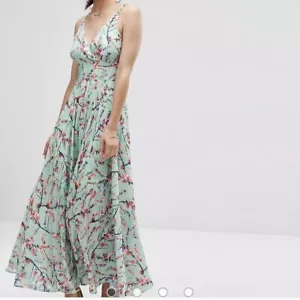 Darling London Size 8 Green Pink Maxi Dress Sleeveless Floral Tie Back Lined - Picture 1 of 17